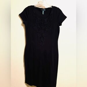 Lauren Ralph Lauren Black Knit 100% Cotton Sheath‎ Dress Crochet Neckline Small